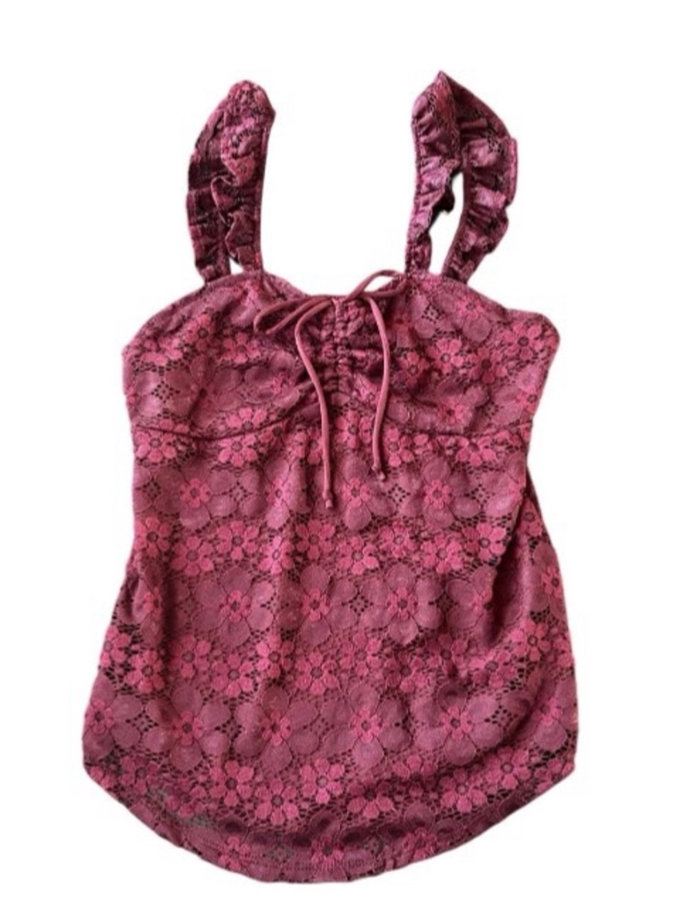 Womens M Lace Camisole Top Ruffled Straps Drawstring Bust Y2K Vampigoth Romantic